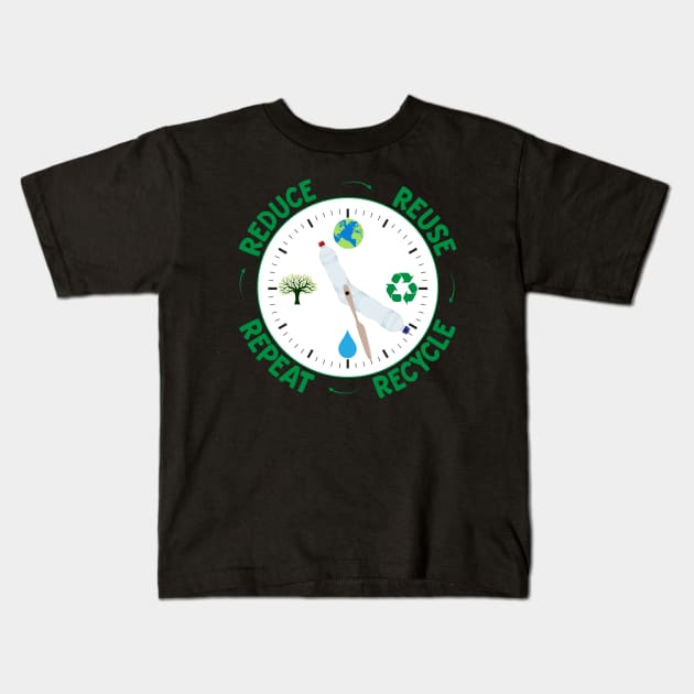 Reduce Reuse Repeat Recycle Environmental Clock Kids T-Shirt by Rosemarie Guieb Designs